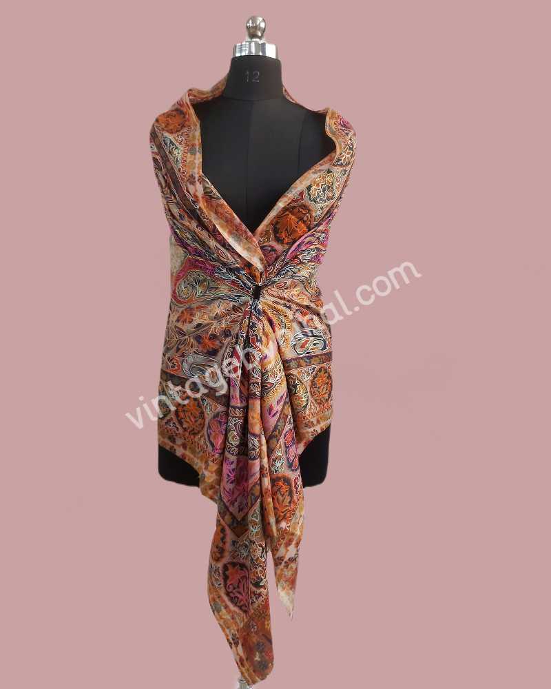 Exclusive Pure Pashmina Kalamkari Embroidered Hand Painted Paisley Shawl 